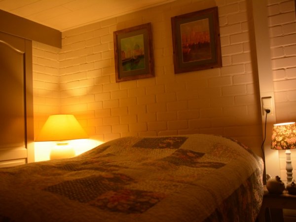 Chambre au lit, rez de chaussee avec douche a cote..